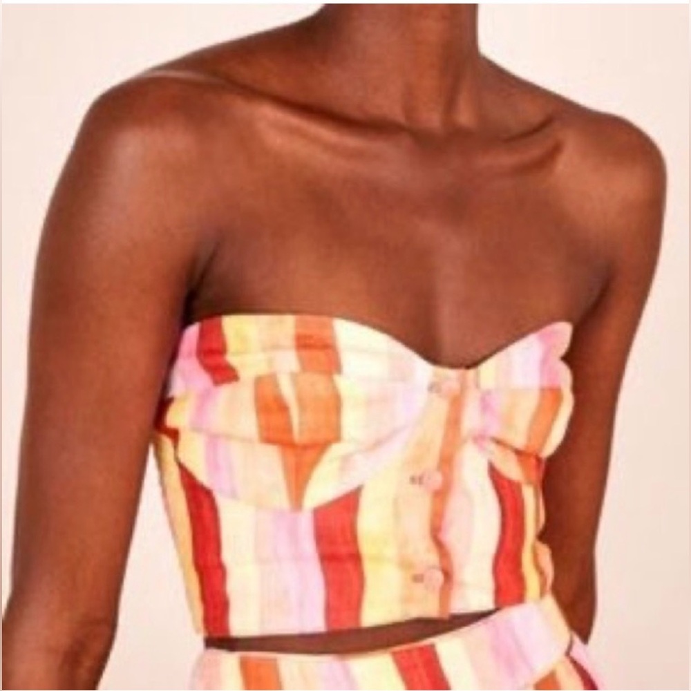 FARM Rio Multicolor Sunny Striped Strapless Linen Crop Top Medium